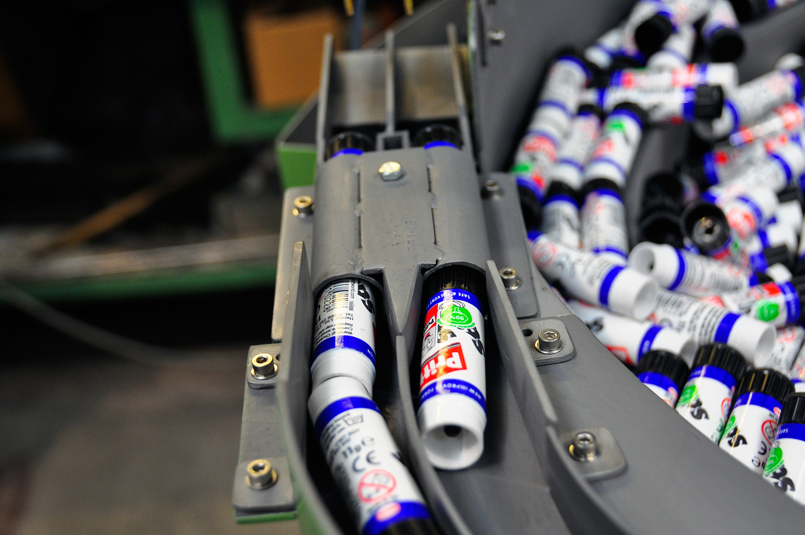 Pritt Sticks in a Podmores orientating bowl feeder